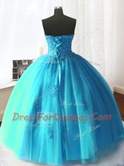 Sleeveless Tulle Floor Length Lace Up Ball Gown Prom Dress in Baby Blue with Beading and Appliques