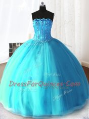 Sleeveless Tulle Floor Length Lace Up Ball Gown Prom Dress in Baby Blue with Beading and Appliques