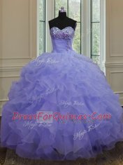 Sweetheart Sleeveless Quinceanera Dresses Floor Length Beading and Ruffles Lavender Organza