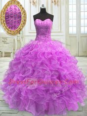 Best Lilac Sweetheart Neckline Beading and Ruffles Ball Gown Prom Dress Sleeveless Lace Up