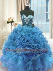 Exquisite Blue Vestidos de Quinceanera Military Ball and Sweet 16 and Quinceanera and For with Beading and Ruffles Sweetheart Sleeveless Lace Up