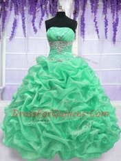 Apple Green Lace Up Strapless Beading Ball Gown Prom Dress Organza Sleeveless