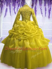 Attractive Organza V-neck Long Sleeves Zipper Sequins and Pick Ups Quinceanera Dresses in Yellow