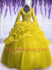 Attractive Organza V-neck Long Sleeves Zipper Sequins and Pick Ups Quinceanera Dresses in Yellow