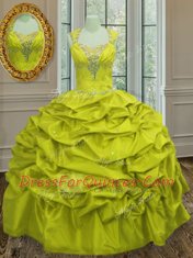 Pick Ups Straps Sleeveless Lace Up Ball Gown Prom Dress Yellow Green Taffeta