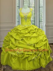 Pick Ups Straps Sleeveless Lace Up Ball Gown Prom Dress Yellow Green Taffeta