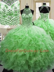Tulle Lace Up Halter Top Sleeveless Floor Length Quinceanera Gowns Beading and Ruffles