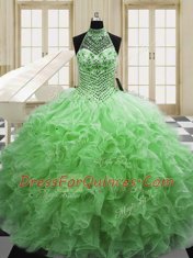 Tulle Lace Up Halter Top Sleeveless Floor Length Quinceanera Gowns Beading and Ruffles