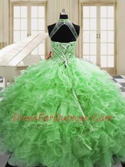 Tulle Lace Up Halter Top Sleeveless Floor Length Quinceanera Gowns Beading and Ruffles
