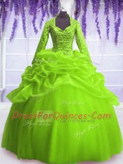 Sequins Pick Ups Long Sleeves Organza Zipper Quinceanera Gown for Military Ball and Sweet 16 and Quinceanera