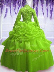Sequins Pick Ups Long Sleeves Organza Zipper Quinceanera Gown for Military Ball and Sweet 16 and Quinceanera