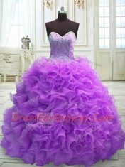 Latest Beading and Ruffles Quinceanera Dress Purple Lace Up Sleeveless Sweep Train