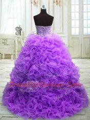 Latest Beading and Ruffles Quinceanera Dress Purple Lace Up Sleeveless Sweep Train