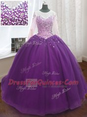 Unique Scoop Long Sleeves Organza Vestidos de Quinceanera Beading and Sequins Sweep Train Lace Up