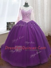 Unique Scoop Long Sleeves Organza Vestidos de Quinceanera Beading and Sequins Sweep Train Lace Up