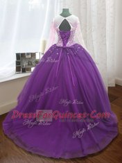 Unique Scoop Long Sleeves Organza Vestidos de Quinceanera Beading and Sequins Sweep Train Lace Up
