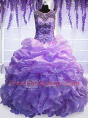 Custom Design Scoop Sleeveless Organza Floor Length Lace Up Quinceanera Gown in Lavender with Beading and Pick Ups