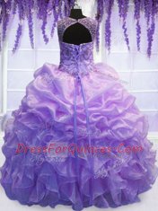 Custom Design Scoop Sleeveless Organza Floor Length Lace Up Quinceanera Gown in Lavender with Beading and Pick Ups