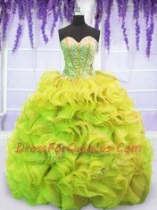 Great Sweep Train Ball Gowns Sweet 16 Dress Yellow Green Sweetheart Organza Sleeveless Lace Up