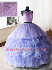 Scoop Sleeveless With Train Beading and Lace and Ruffles Zipper Ball Gown Prom Dress with Lavender Brush Train