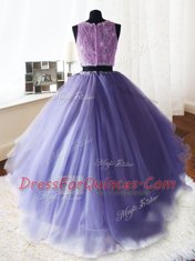 Scoop Sleeveless With Train Beading and Lace and Ruffles Zipper Ball Gown Prom Dress with Lavender Brush Train