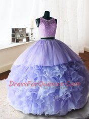 Scoop Sleeveless With Train Beading and Lace and Ruffles Zipper Ball Gown Prom Dress with Lavender Brush Train