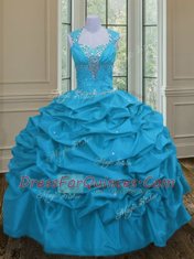 Straps Aqua Blue Ball Gowns Beading and Pick Ups Quinceanera Dresses Lace Up Taffeta Sleeveless Floor Length