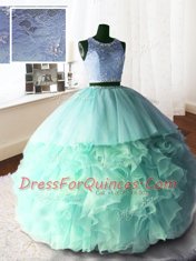 Scoop Sleeveless Brush Train Zipper Quinceanera Gown Apple Green Organza and Tulle and Lace