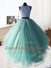 Scoop Sleeveless Brush Train Zipper Quinceanera Gown Apple Green Organza and Tulle and Lace