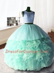 Scoop Sleeveless Brush Train Zipper Quinceanera Gown Apple Green Organza and Tulle and Lace
