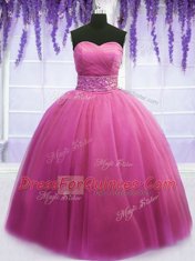 Custom Design Sleeveless Tulle Floor Length Lace Up 15 Quinceanera Dress in Rose Pink with Beading and Belt
