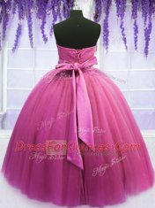 Custom Design Sleeveless Tulle Floor Length Lace Up 15 Quinceanera Dress in Rose Pink with Beading and Belt