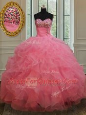 Floor Length Rose Pink Vestidos de Quinceanera Organza Sleeveless Beading and Ruffles