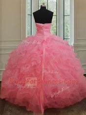 Floor Length Rose Pink Vestidos de Quinceanera Organza Sleeveless Beading and Ruffles