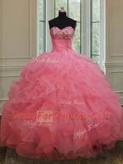 Floor Length Rose Pink Vestidos de Quinceanera Organza Sleeveless Beading and Ruffles