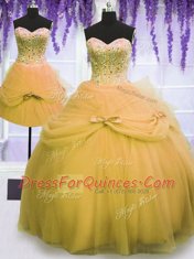 Super Three Piece Floor Length Gold Quinceanera Gowns Tulle Sleeveless Beading and Bowknot