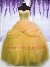 Super Three Piece Floor Length Gold Quinceanera Gowns Tulle Sleeveless Beading and Bowknot