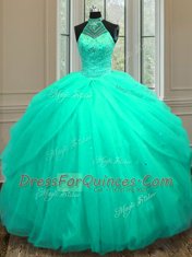 Cute Halter Top Sleeveless Tulle Sweet 16 Quinceanera Dress Beading and Sequins Lace Up