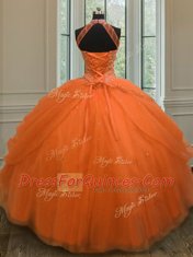 Cute Halter Top Sleeveless Tulle Sweet 16 Quinceanera Dress Beading and Sequins Lace Up