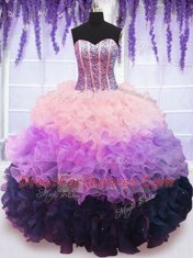 Attractive Multi-color Organza Lace Up Sweet 16 Dresses Sleeveless Floor Length Beading and Ruffles and Ruffled Layers