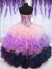 Attractive Multi-color Organza Lace Up Sweet 16 Dresses Sleeveless Floor Length Beading and Ruffles and Ruffled Layers