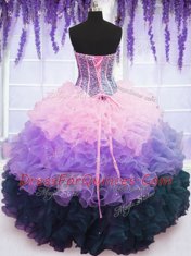 Dazzling Multi-color Sleeveless Floor Length Beading and Ruffles and Ruffled Layers Lace Up 15th Birthday Dress