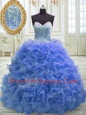 Blue Quinceanera Dress Organza Sweep Train Sleeveless Beading and Ruffles