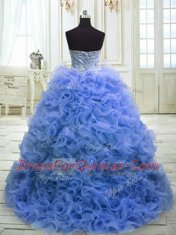 Blue Quinceanera Dress Organza Sweep Train Sleeveless Beading and Ruffles