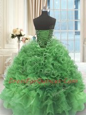 Sleeveless Organza Floor Length Lace Up Vestidos de Quinceanera in Green with Beading and Ruffles
