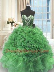 Sleeveless Organza Floor Length Lace Up Vestidos de Quinceanera in Green with Beading and Ruffles