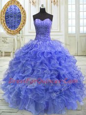 Blue Lace Up Sweetheart Beading and Ruffles Sweet 16 Quinceanera Dress Organza Sleeveless