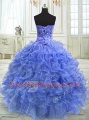 Blue Lace Up Sweetheart Beading and Ruffles Sweet 16 Quinceanera Dress Organza Sleeveless