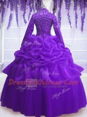 V-neck Long Sleeves Organza Sweet 16 Quinceanera Dress Sequins and Pick Ups Zipper
