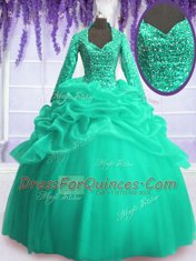 Turquoise Zipper Quinceanera Gowns Sequins and Pick Ups Long Sleeves Floor Length